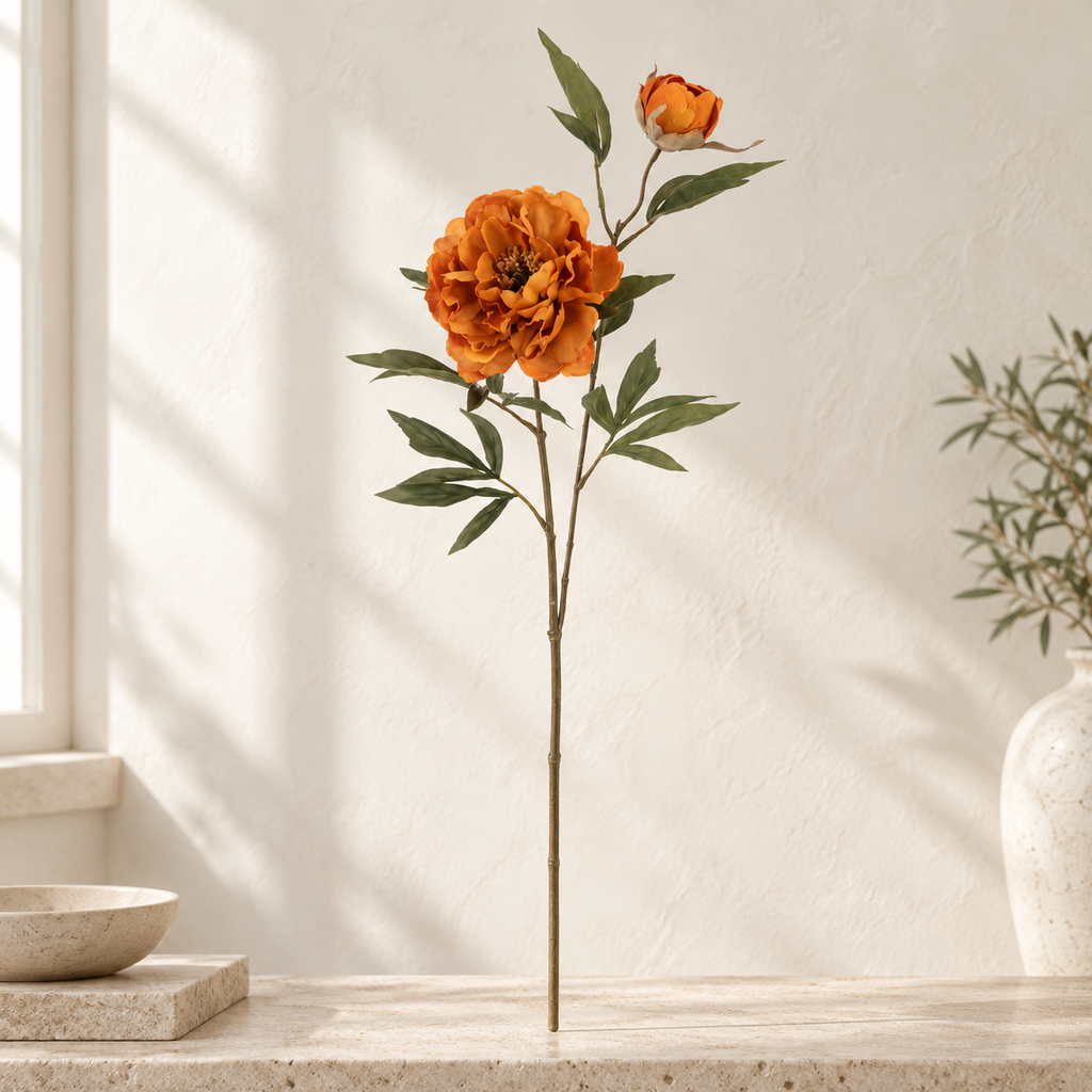 Eco Faux Silk Peony Spray – Orange, 76cm