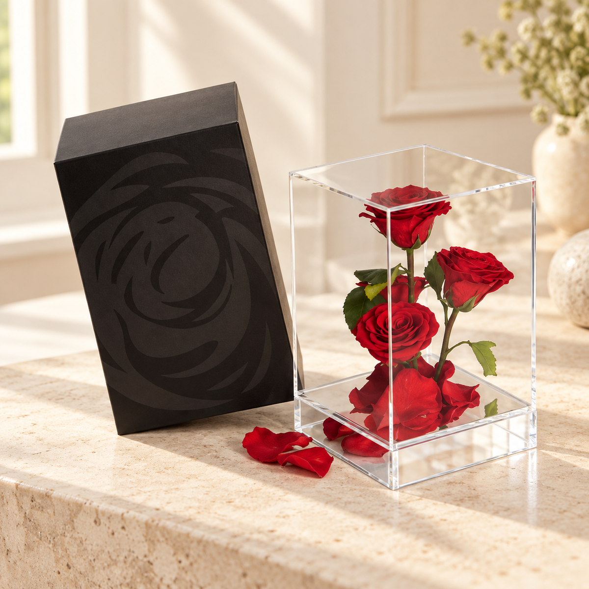 Preserved Red Roses in Clear Display Box