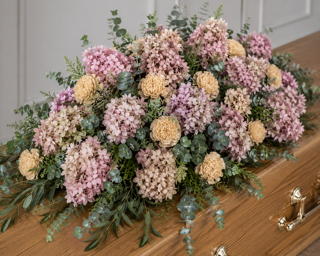 Sustainable Funeral Flowers | Casket Spray | Pinks