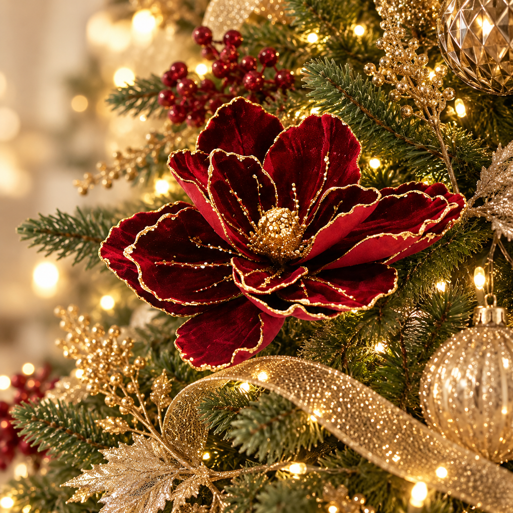 Burgundy Magnolia Stem with Gold Glitter, 56 cm