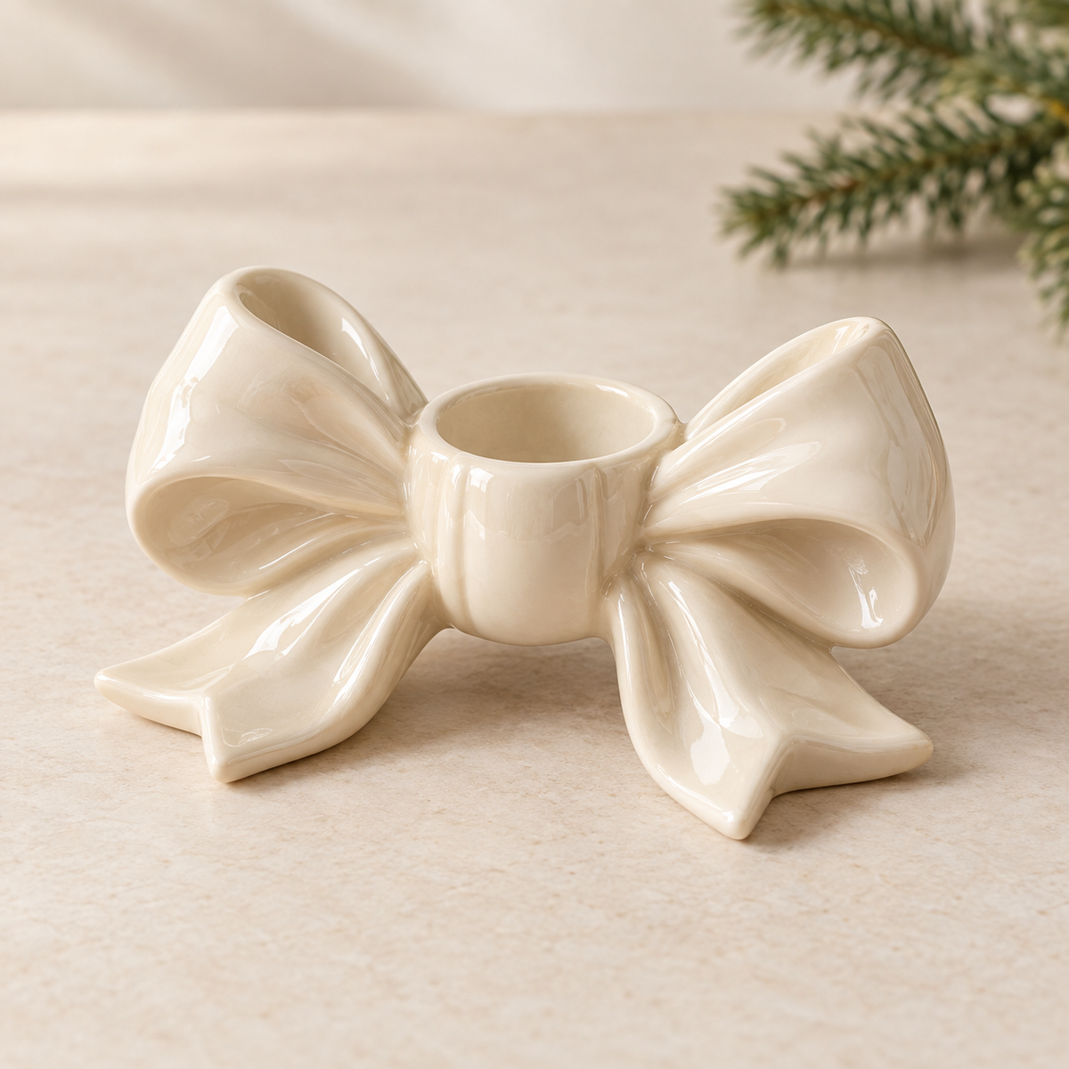 Cream Glazed Bow Candle Holder