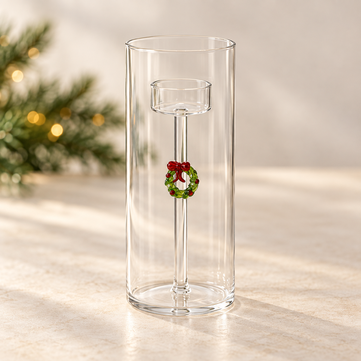 Glass Votive Holder with Christmas Wreath
