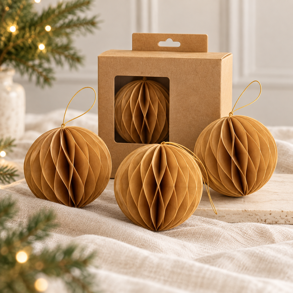 Paper Christmas Baubles – Set of 3 - Caramel, Red, Dark Green, Dark Red and Off White