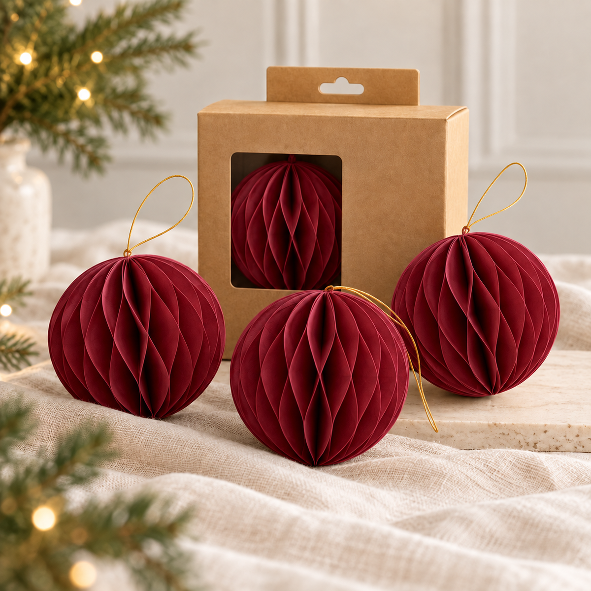 Paper Christmas Baubles – Set of 3 - Caramel, Red, Dark Green, Dark Red and Off White