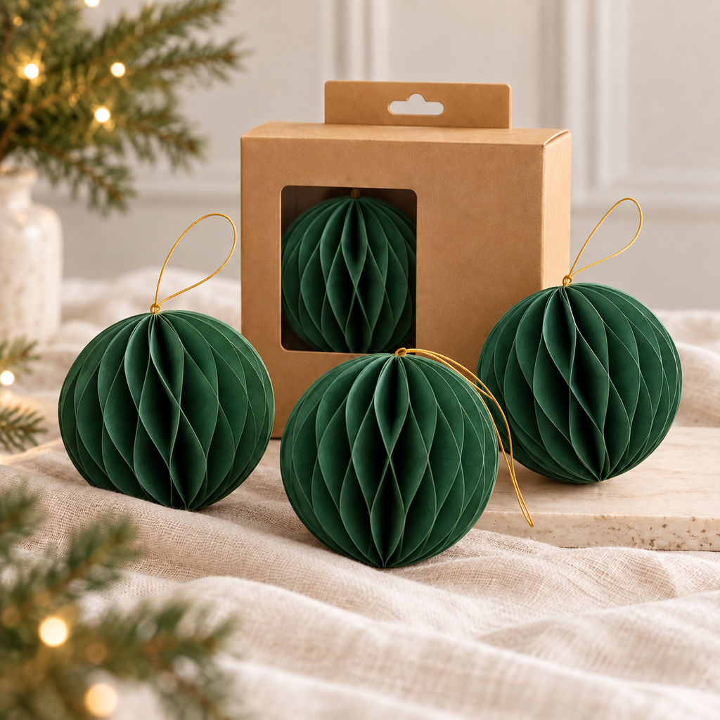 Paper Christmas Baubles – Set of 3 - Caramel, Red, Dark Green, Dark Red and Off White