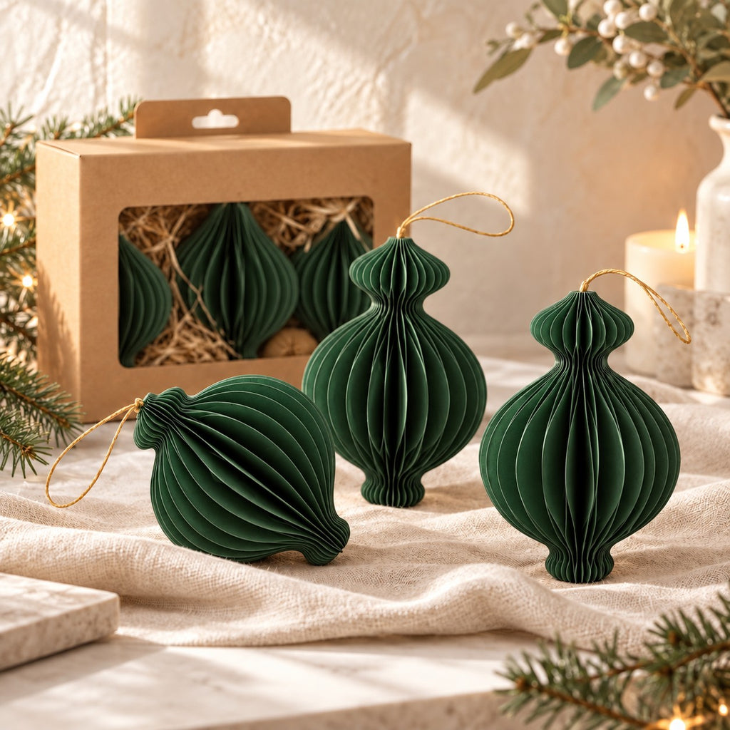 Paper Christmas Baubles – Set of 3 - Caramel, Red, Green and White